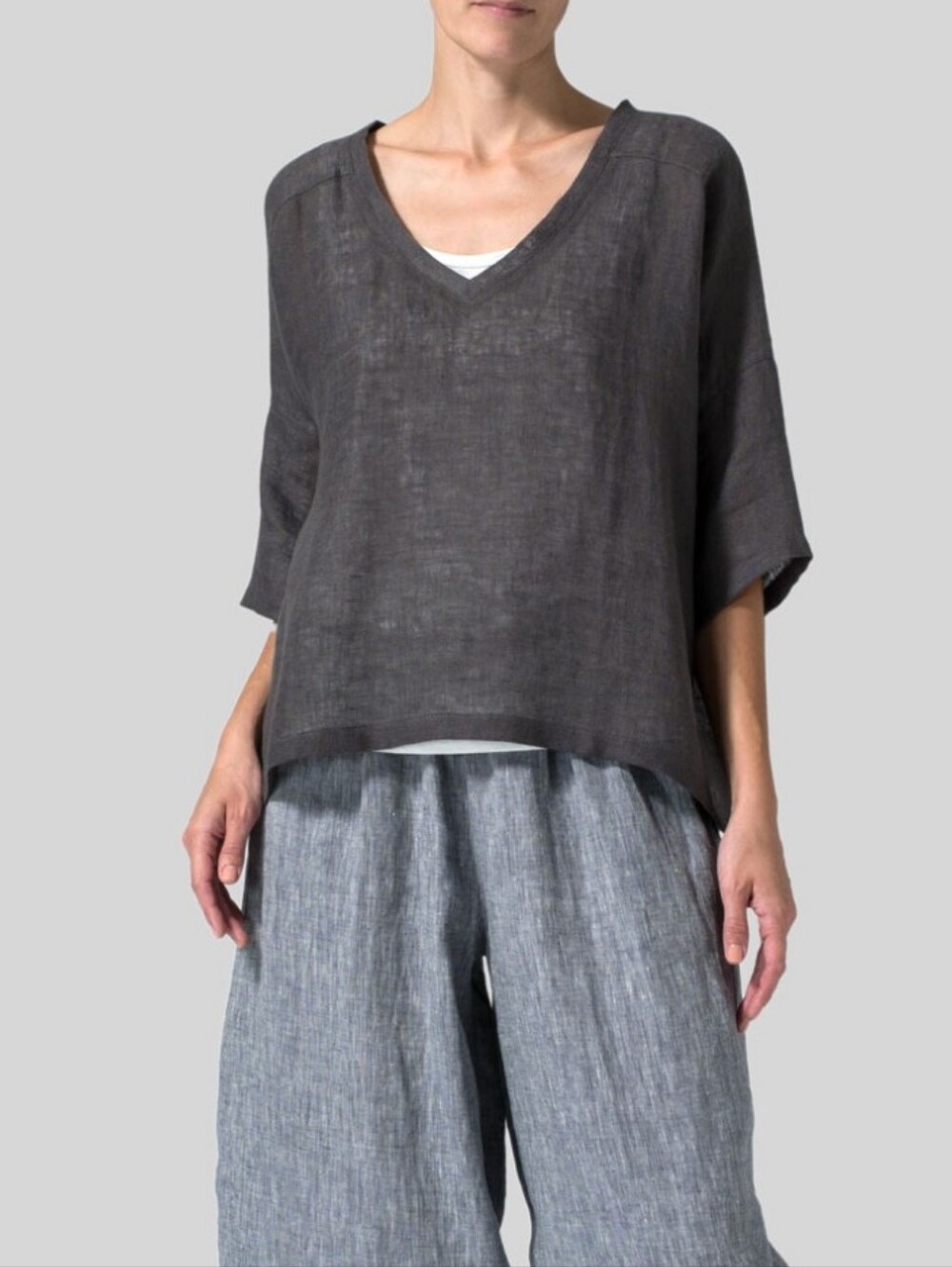 Vivid 100% Linen Short Sleeve V-Neck Loose Top New With Tags